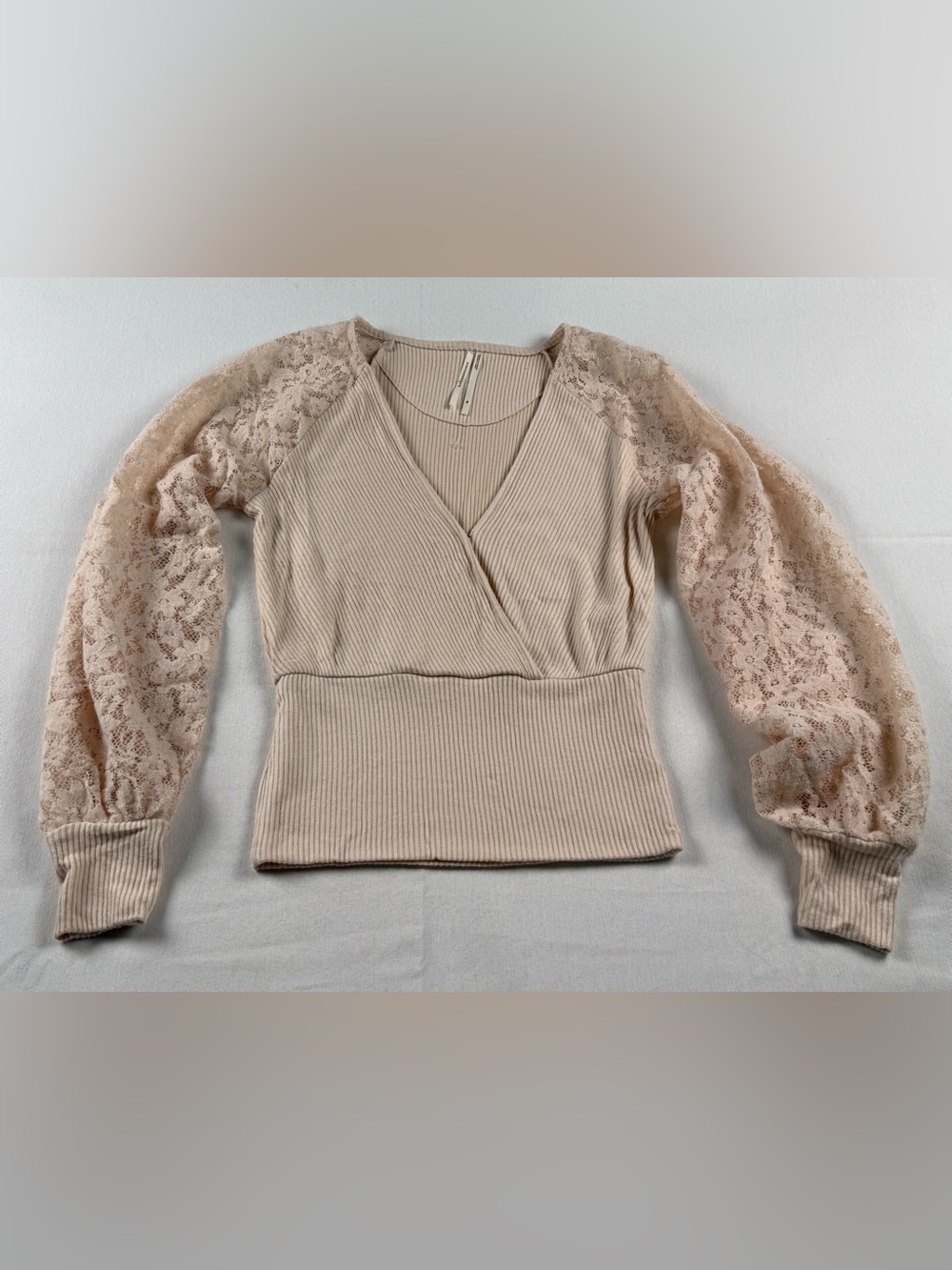 Anthropologie Lace-Sleeve Ribbed Wrap Top - Cream